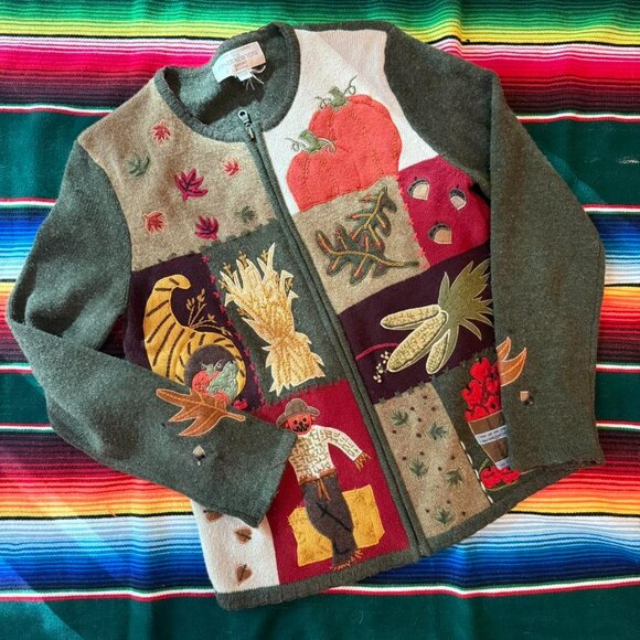 SOLD / Jones New York Sport Petite FALL MOTIF zip up sweater / cardigan - Picture 1 of 8